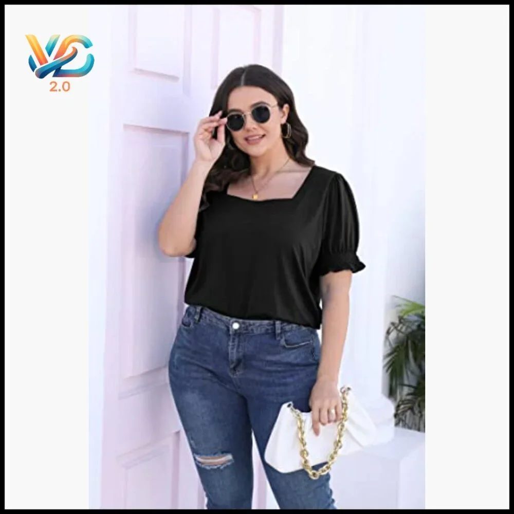 Summer Casual T-Shirt with Ruffle Trim Sleeves and Square Neck - Picture 3 of 7